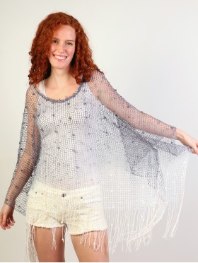 Two Tone Crochet Knit Sleeved Top with Fringe